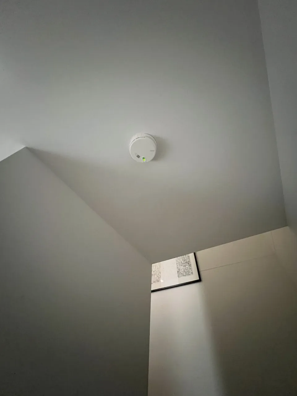 The same ceiling, flat and painted, with the same smoke alarm and the same framed print in the corner
